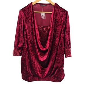 BloomChic‎ Womens Sz 1X Burgundy Velvet Sequin Cowl Neck Holiday Party Top NWT